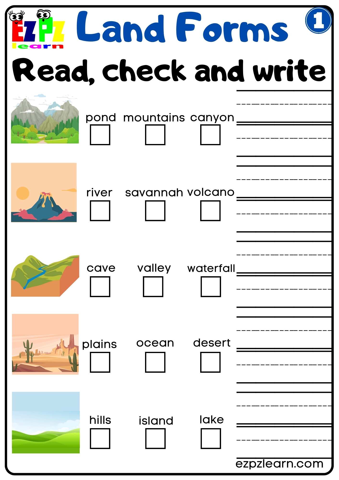 Land And Water Forms Read Check And Write Activity Free PDF Download   Land Forms Read Check And Write 1 